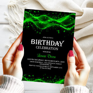 Invitación Fiesta de cumpleaños moderna en negro y verde para