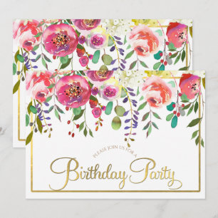 Invitación Fiesta de Cumpleaños Moderna Flores Florales Acuar