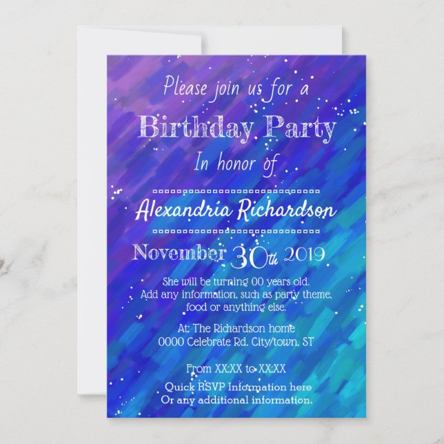 Invitación Fiesta de cumpleaños moderna morado y azul degrada (Anverso)