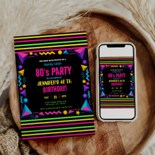 Invitación Fiesta de Cumpleaños Moderna Retro Neon Años 80