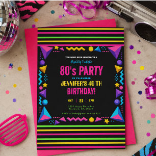 Invitación Fiesta de Cumpleaños Moderna Retro Neon Años 80