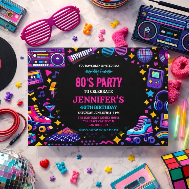 Invitación Fiesta de Cumpleaños Moderna Retro Neon de los 80  (Modern Retro Neon 80’s Birthday Party for Adults Invitation
)