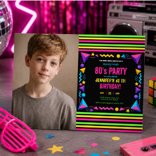 Invitación Fiesta de cumpleaños moderna retro neón de los 80