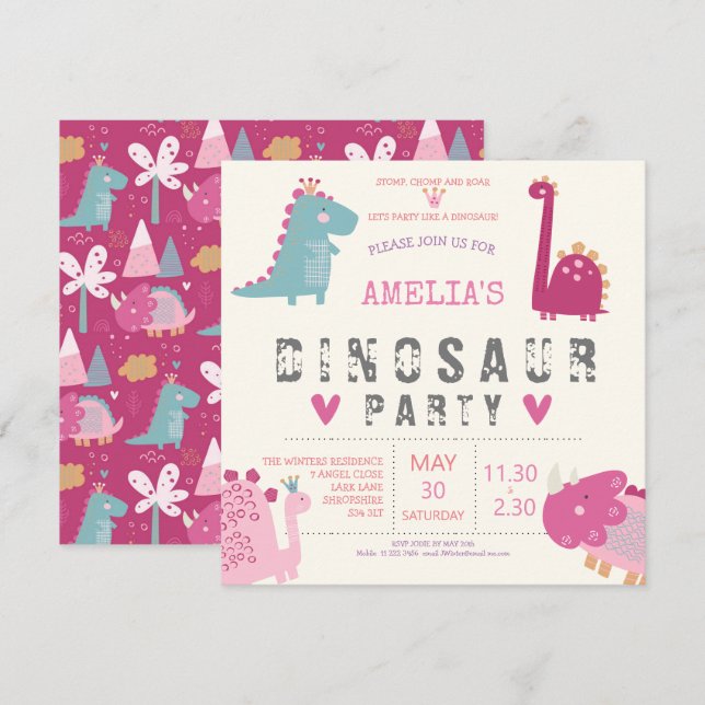 Invitación Fiesta de cumpleaños moderna rosa adorable de dino (Anverso / Reverso)