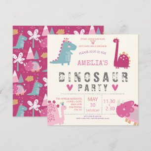 Invitación Fiesta de cumpleaños moderna rosa adorable de dino