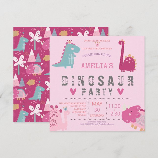 Invitación Fiesta de cumpleaños moderna rosa adorable de dino (Anverso / Reverso)