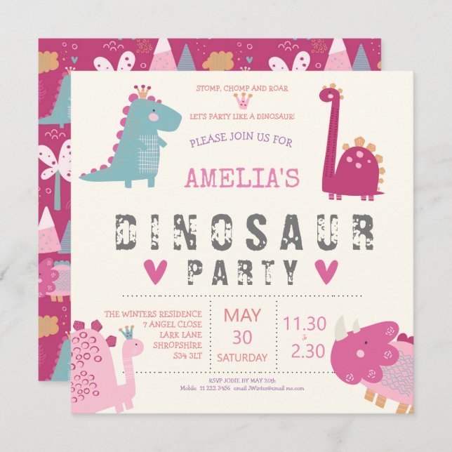 Invitación Fiesta de cumpleaños moderna rosa linda de dinosau (Anverso / Reverso)