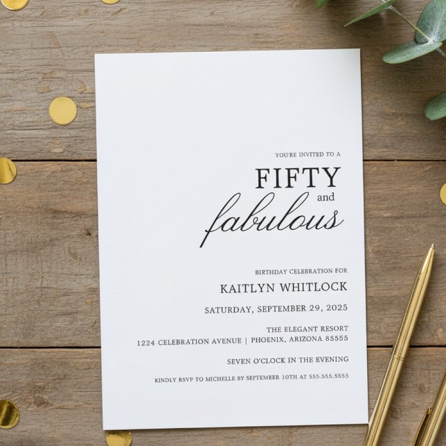 Invitación Fiesta de Cumpleaños Moderna Simple Negra 50 y Fab (modern elegant typography fifty and fabulous 50th birthday party invitation simple)
