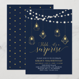 Invitación Fiesta de cumpleaños moderna sorpresa dorada y azu