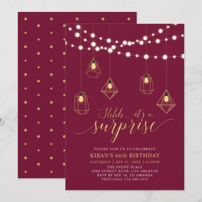 Invitación Fiesta de cumpleaños moderna sorpresa dorada y roj (Anverso / Reverso)