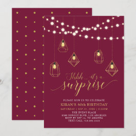 Invitación Fiesta de cumpleaños moderna sorpresa dorada y roj