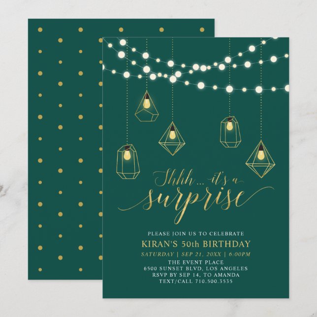 Invitación Fiesta de cumpleaños moderna sorpresa dorada y ver (Anverso / Reverso)