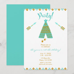 Invitación Fiesta de Cumpleaños Moderna Tipi Dorado, Turquesa