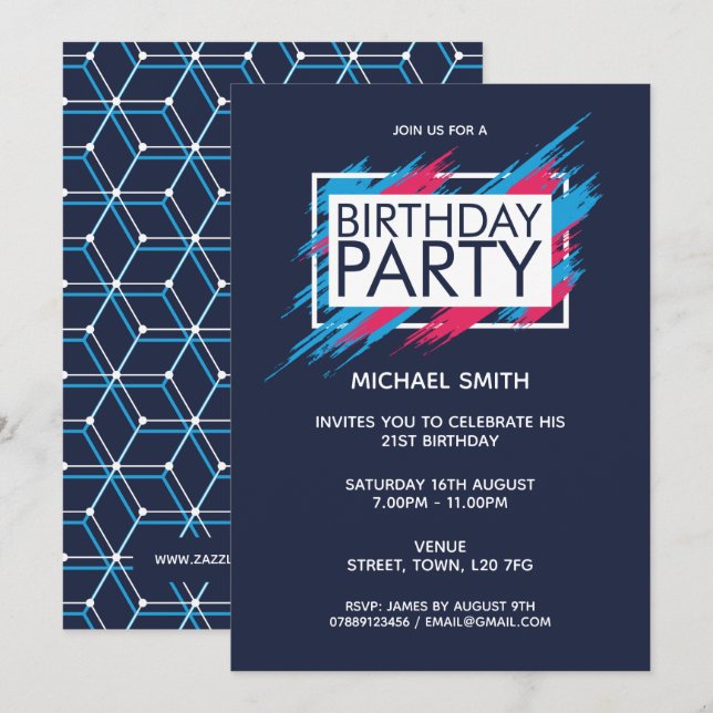 Invitación Fiesta de cumpleaños moderna y divertida (Anverso / Reverso)