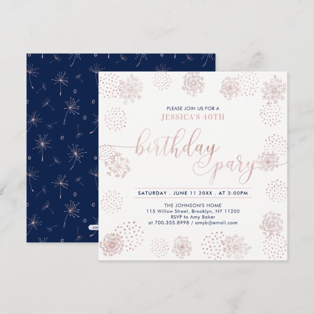 Invitación Fiesta de cumpleaños moderna y elegante de Rose Go (Anverso / Reverso)