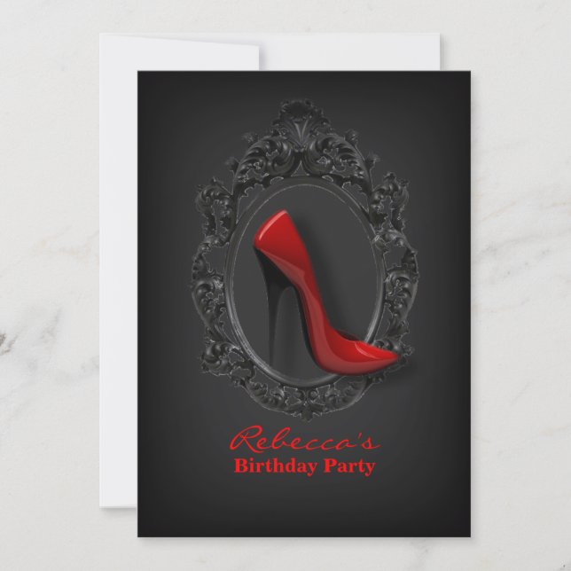 Invitación fiesta de cumpleaños moderna y elegante de tacón r (Anverso)