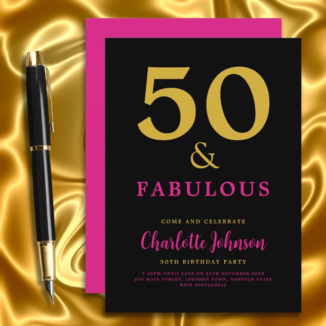 Invitación Fiesta de Cumpleaños Moderna y Elegante número 50  (Stylish modern 50 and fabulous pink black and gold 50th birthday invitation)