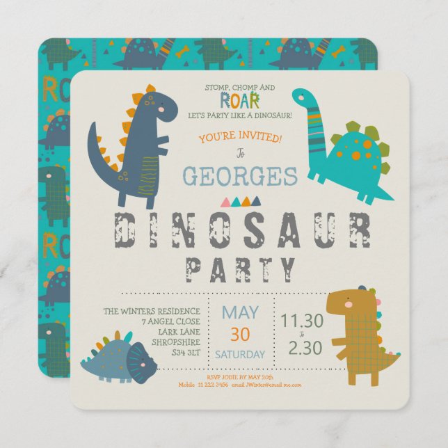 Invitación Fiesta de cumpleaños moderna y linda de dinosaurio (Anverso / Reverso)