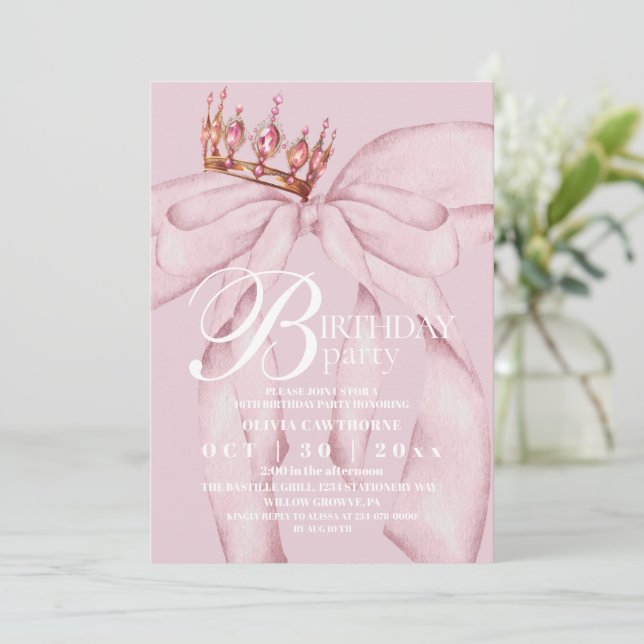 Invitación Fiesta de cumpleaños moderna y trendy con lazo ros (Anverso de pie)