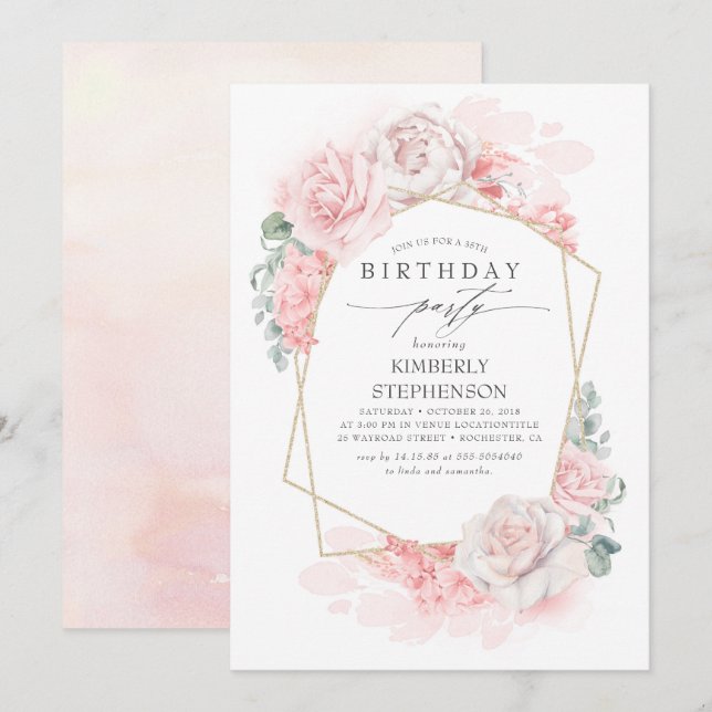 Invitación Fiesta de cumpleaños moderno floral rosa suave (Anverso / Reverso)