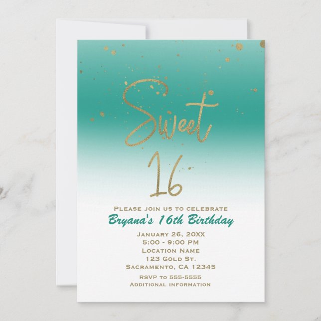 Invitación Fiesta de Cumpleaños Moderno Glam TEAL & GOLD SWEE (Anverso)