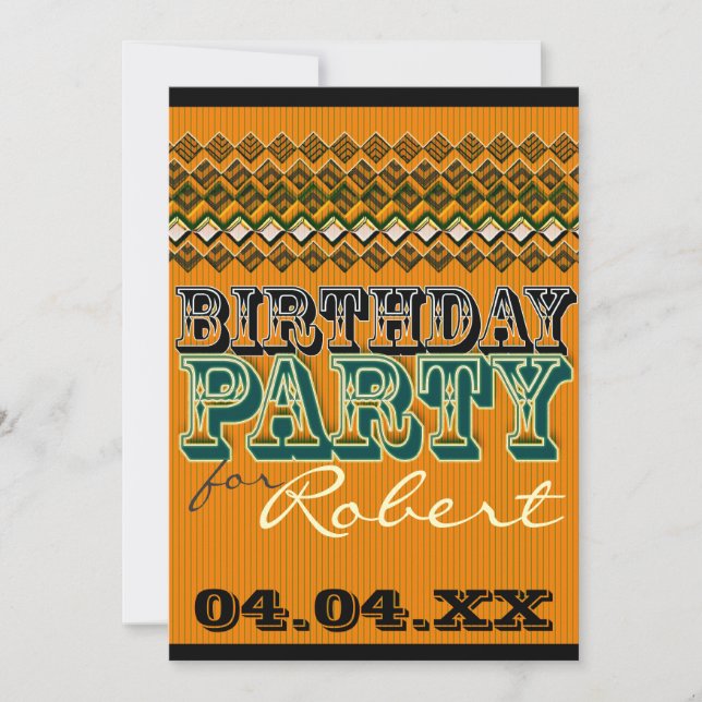 Invitación Fiesta de Cumpleaños Moderno Negro Naranja a Rayas (Anverso)