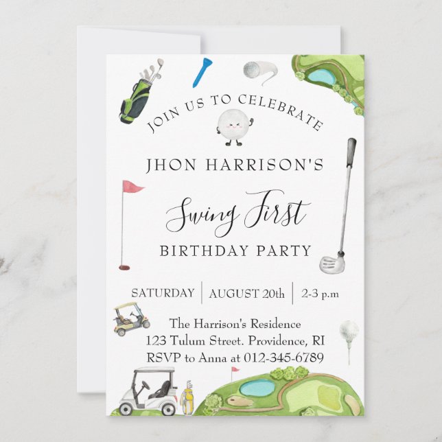 Invitación Fiesta de cumpleaños moderno para el golf (Anverso)