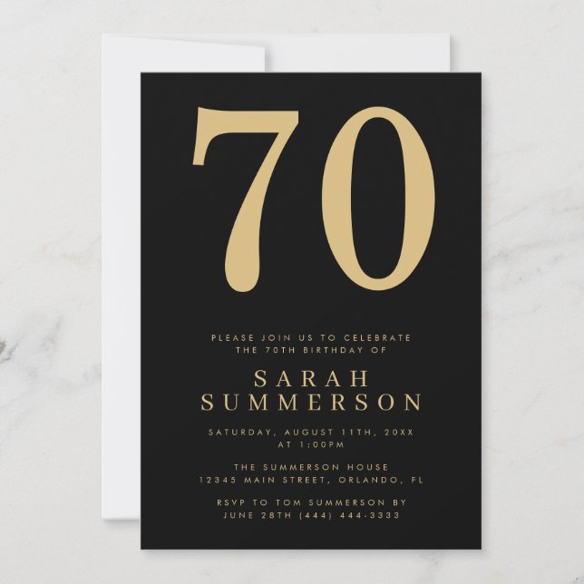 Invitación Fiesta de Cumpleaños Moderno Setenta Negro Oro 70 (Anverso)