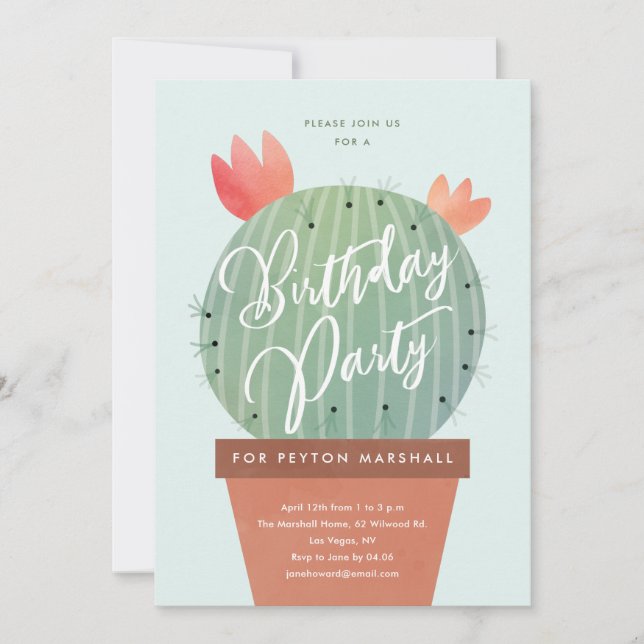 Invitación Fiesta de Cumpleaños Modernos de Cactus para Niños (Anverso)