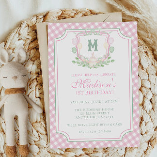 Invitación Fiesta de Cumpleaños Monograma Cresta de Acuarela 