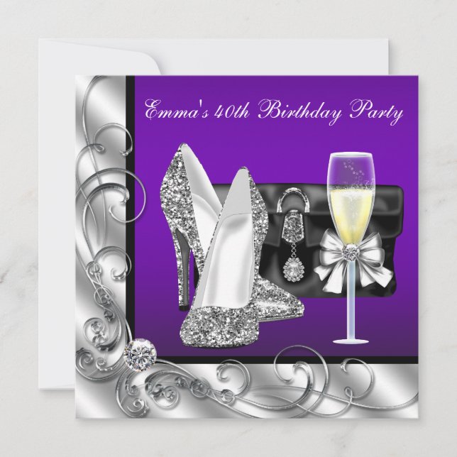 Invitación Fiesta de cumpleaños morada de mujer (Anverso)