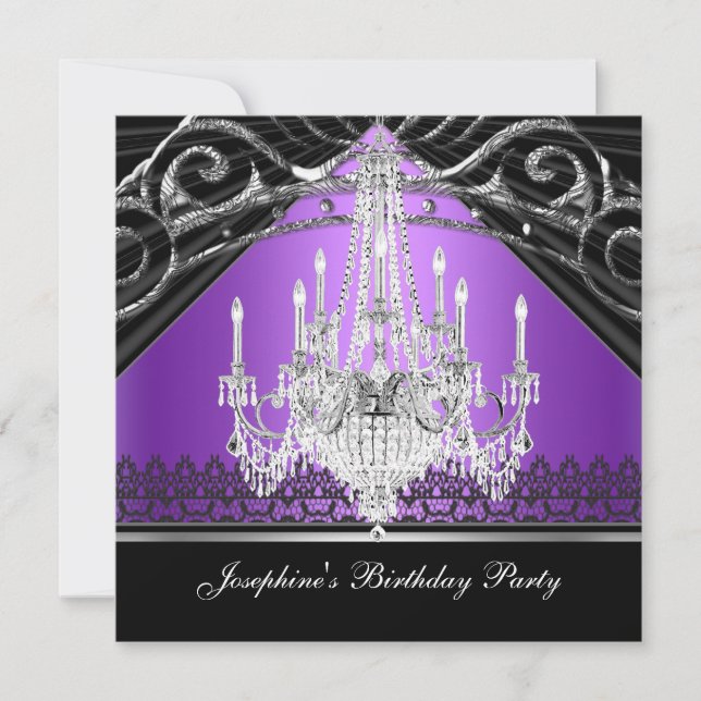 Invitación Fiesta de cumpleaños Morado Black Chandelier Silve (Anverso)