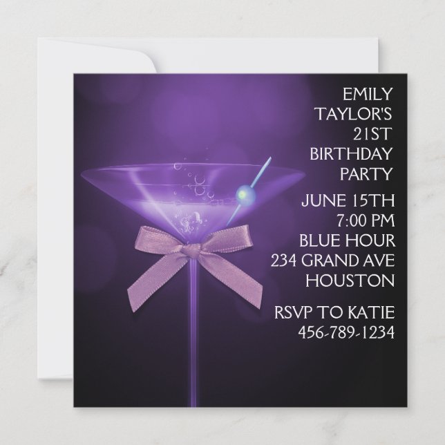 Invitación Fiesta de cumpleaños morado de las mujeres martini (Anverso)
