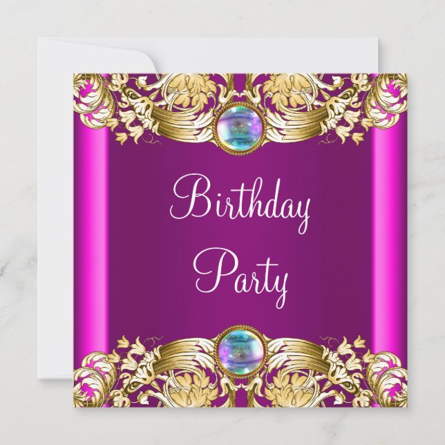 Invitación Fiesta de cumpleaños morado de oro rosado caliente (Anverso)