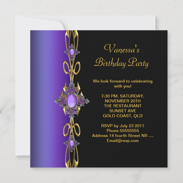 Invitación Fiesta de Cumpleaños Morado Dorado Negro (Anverso)