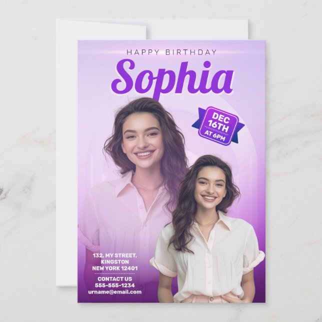 Invitación Fiesta de cumpleaños morado elegante chicas una fo (Anverso)