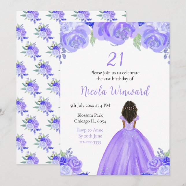 Invitación Fiesta de cumpleaños morado floral de la princesa  (Anverso / Reverso)