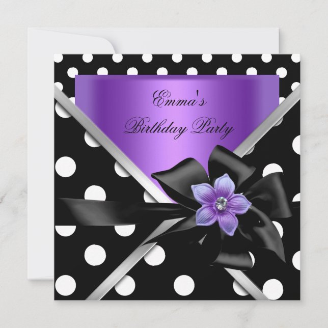 Invitación Fiesta de Cumpleaños Morado Negro Lunares (Anverso)