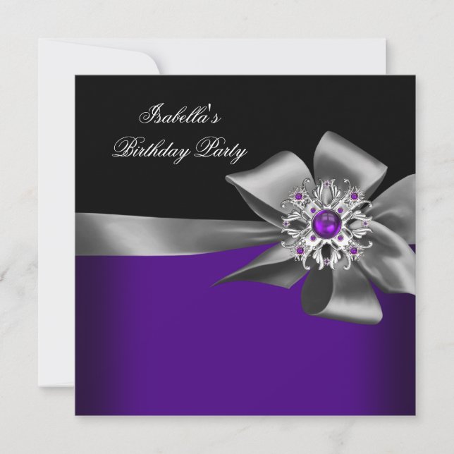 Invitación Fiesta de Cumpleaños Morado Negro Morado Joya Gris (Anverso)