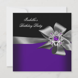 Invitación Fiesta de Cumpleaños Morado Negro Morado Joya Gris