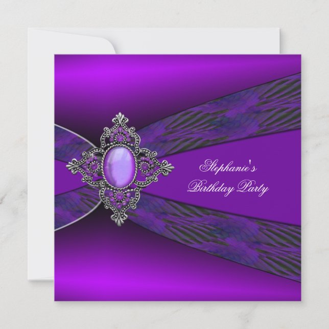 Invitación Fiesta de Cumpleaños Morado Plata Joya (Anverso)