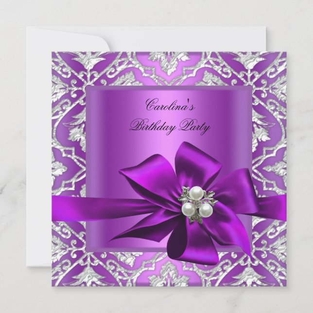Invitación Fiesta de Cumpleaños Morado Plata Perla Damask (Anverso)