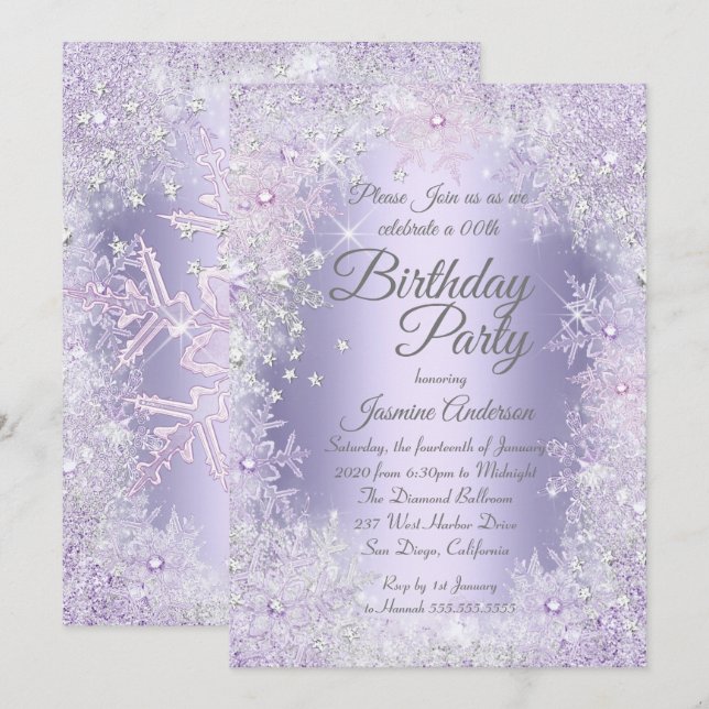 Invitación Fiesta de Cumpleaños Morado Plateado Invierno Mági (Anverso / Reverso)