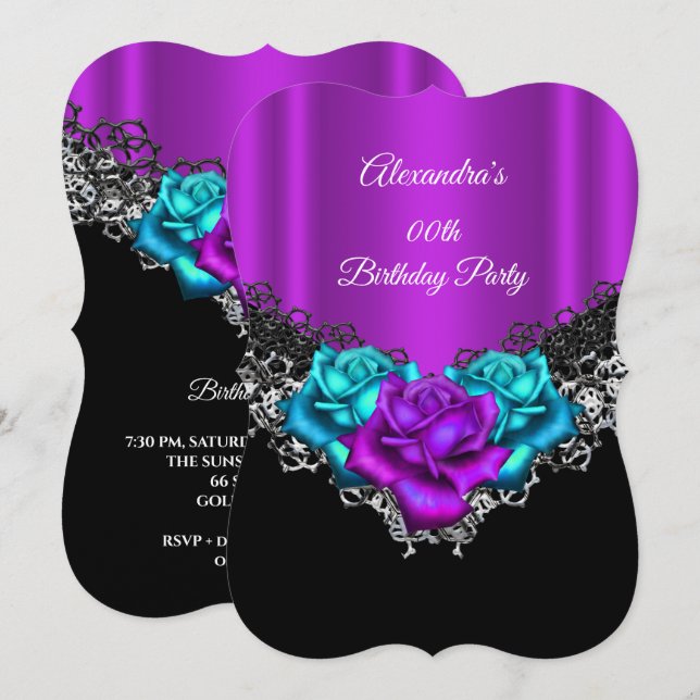 Invitación Fiesta de Cumpleaños Morado Rosa Verde Acuático Ro (Anverso / Reverso)