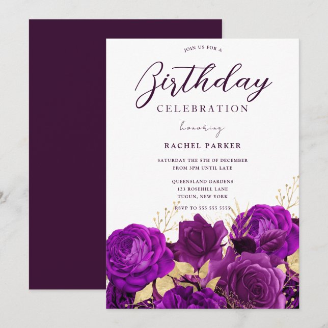 Invitación Fiesta de cumpleaños Morado y Floral de oro (Anverso / Reverso)