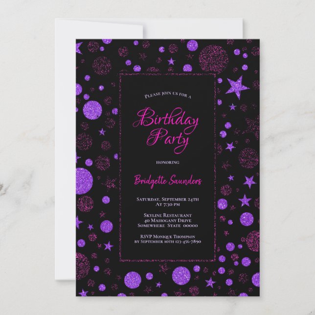Invitación Fiesta de cumpleaños morado y negro (Anverso)