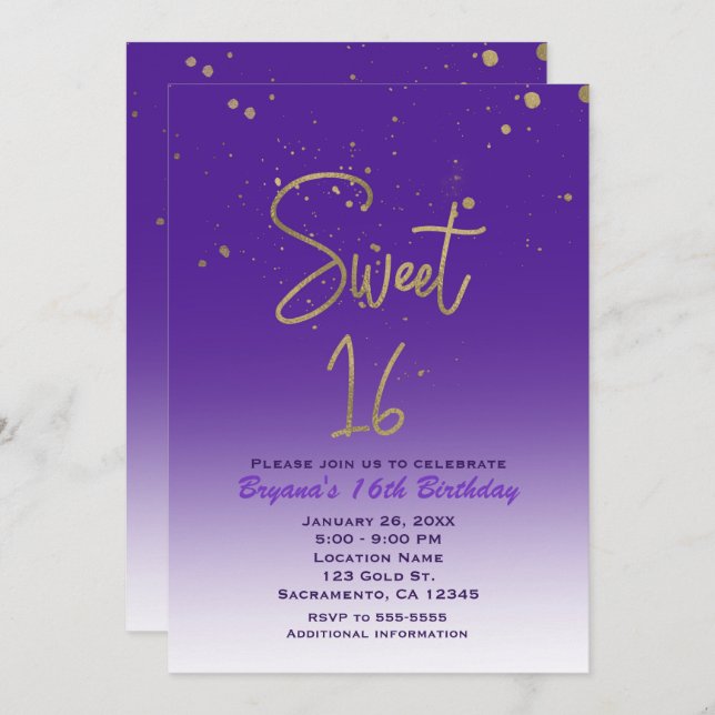 Invitación Fiesta de cumpleaños Morado y Oro Moderno Glam SWE (Anverso / Reverso)