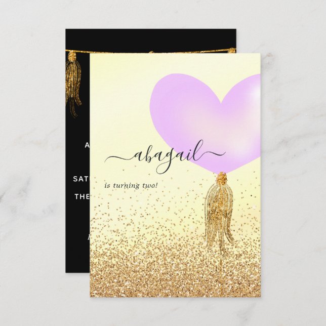 Invitación Fiesta de cumpleaños morado y oro y rosado (Anverso / Reverso)