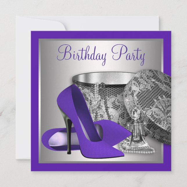 Invitación Fiesta de Cumpleaños Morado y Plateado de Mujer (Anverso)