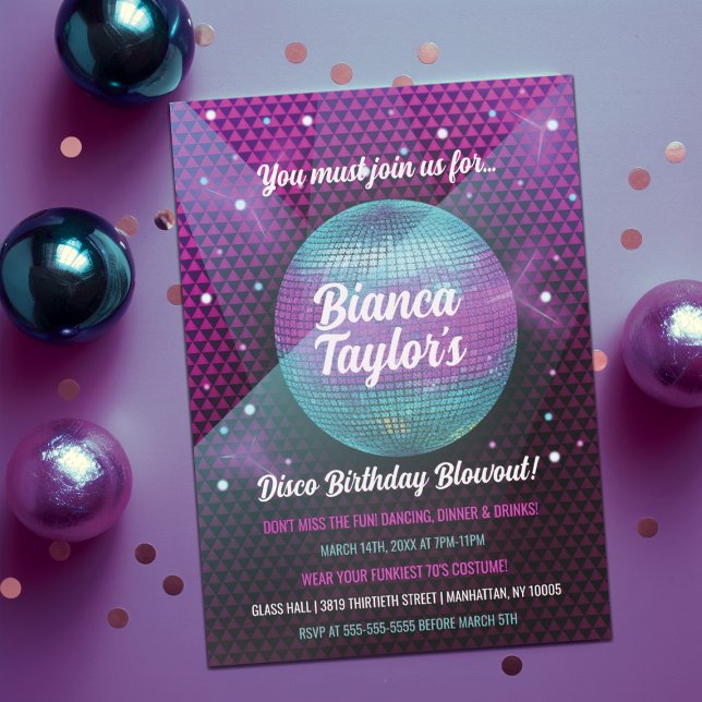 Invitación Fiesta de cumpleaños morado y rosado Disco Blowout (Purple and Blue Disco Bash Party Invitation)